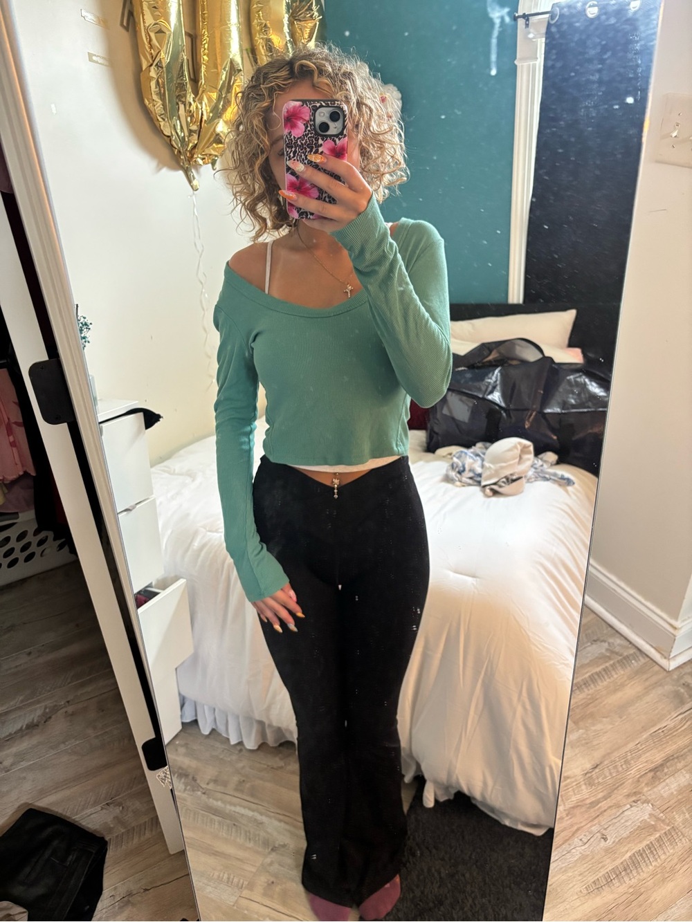 Universal Thread Ribbed Crewneck Top in Teal Green
